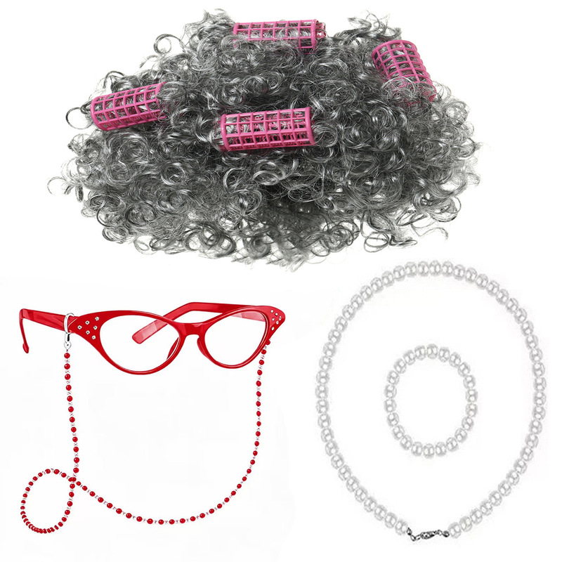 Amazon cross-border grandma wig COS 100-day school opening grandma short curly red glasses costume set