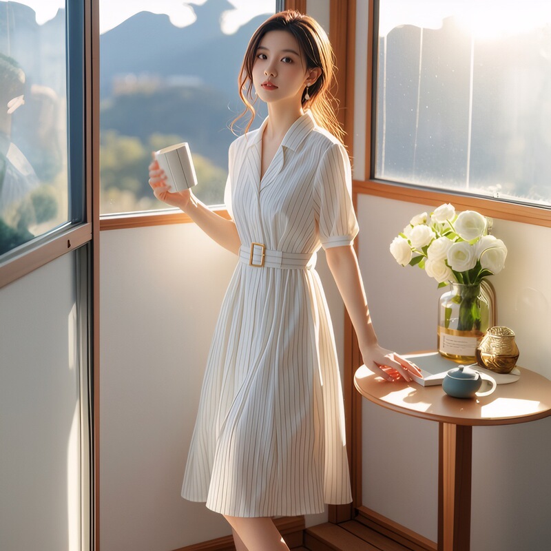 Summer 2025 new small tall cover meat slimming French simple and generous white striped dress children Summer 2025 new small tall cover meat slimming French simple and generous white striped dress children
