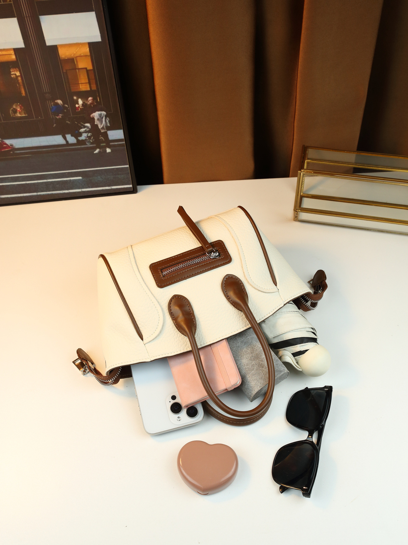 Women's Retro Colour Block Smiley Face Large Pu Leather Tote Bag_voghion.com