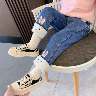 Girls' fleece-lined pants one-piece fleece outer wear children's trousers baby girls' slim-fit soft jeans autumn and winter western style children's trousers