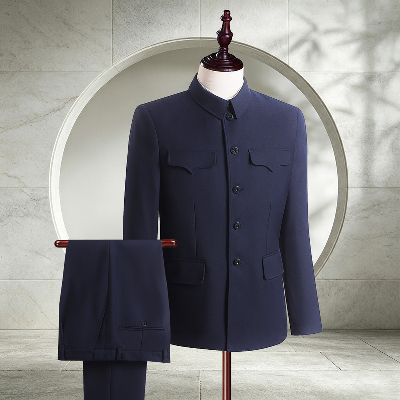 Spring and Autumn Middle-Aged and Elderly Men's Zhongshan Suit, Traditional Chinese Military Uniform, High-End Chinese Style Suit with Hidden Pockets, Old-Fashioned Zhongshan Suit