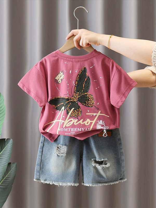 7128 Traje de manga corta de verano para niños Camiseta estampada de moda para niños guapos y guapos