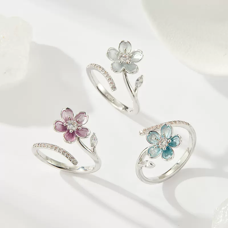 甜美樱花珐琅开口戒指森系原创设计可调节食指戒日常百搭精致指环