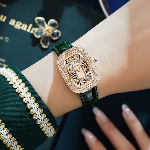 Dropshipping small green strap watch for women live broadcast fashionable square small dial diamond waterproof quartz women's watch
