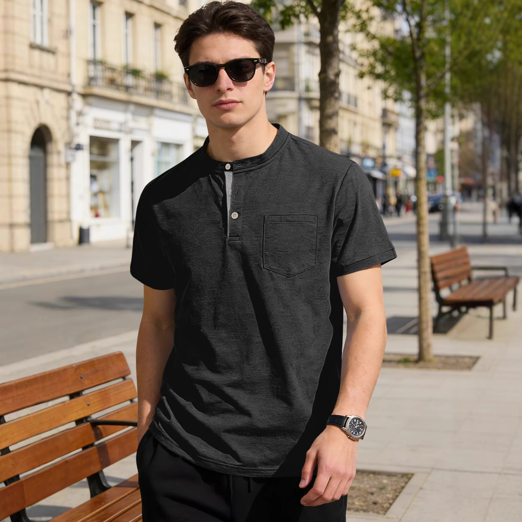 Nuevo transfronterizo Europa y América Amazon verano hombre sólido polo de manga corta botón de cuello vertical camiseta de comercio exterior casual