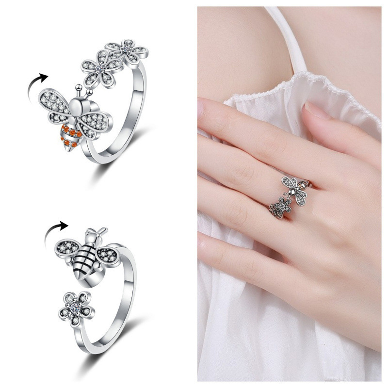 Cross-Border Hot-Selling Bee-Shaped Rotatable Daisy Open-Ended Personality Ring, Creative Retro Stress-Relief Simple European and American Style Ring