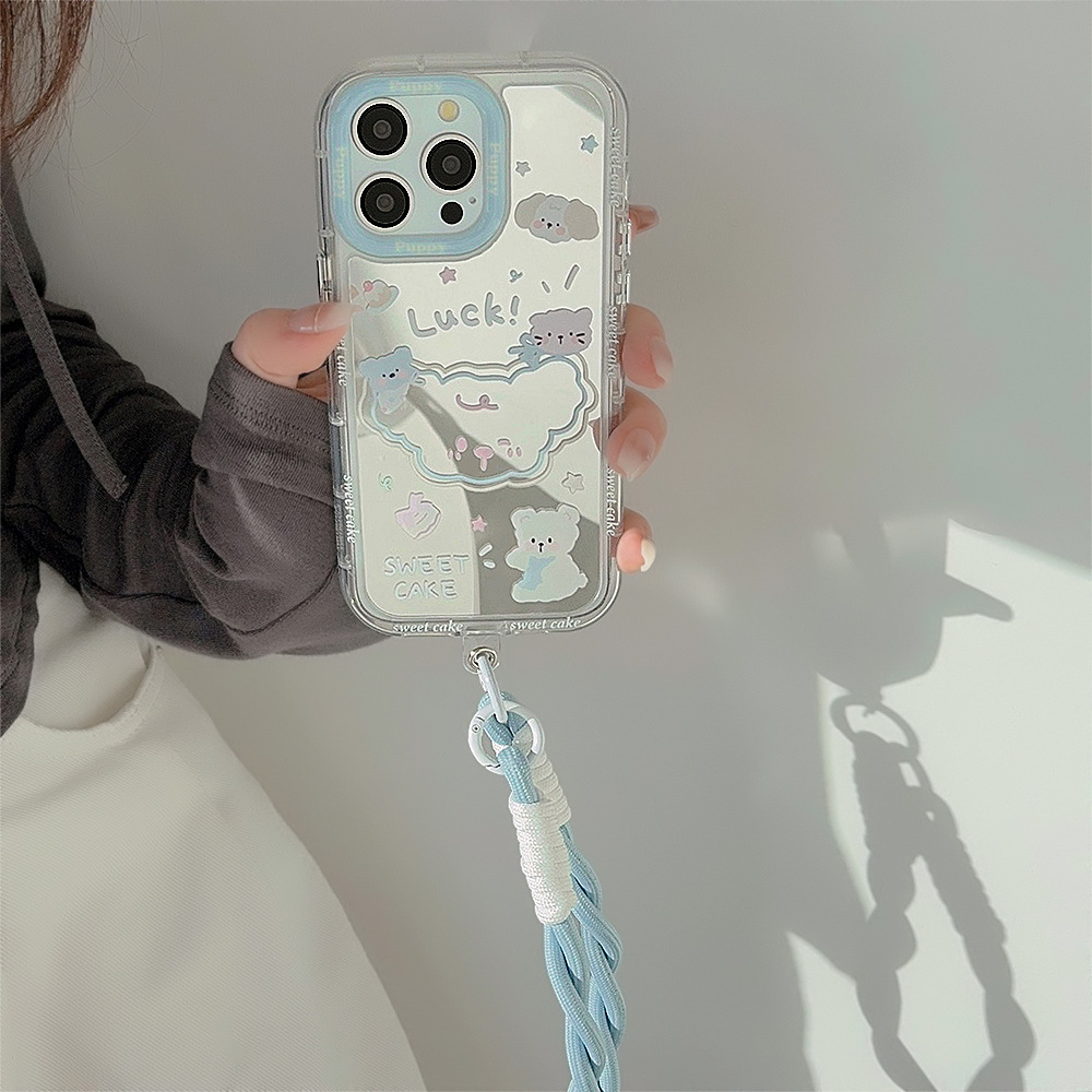 Funda de teléfono con diseño de espejo de verano para iPhone 16 Pro Max, compatible con Apple 15, iPhone 17, dibujos animados, 12.ª generación, 11, con correa