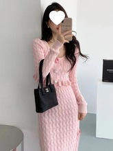 春秋季高级白色针织衫毛衣时尚套装女气质名媛开叉长裙两件套冰丝