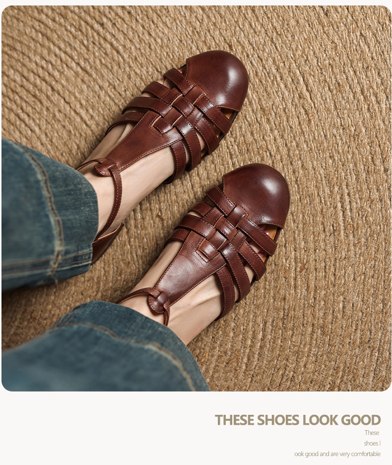 Sandal nữ mũi nhọn da bò quai chữ T gót thấp phong cách La Mã — nâu chi tiết 9