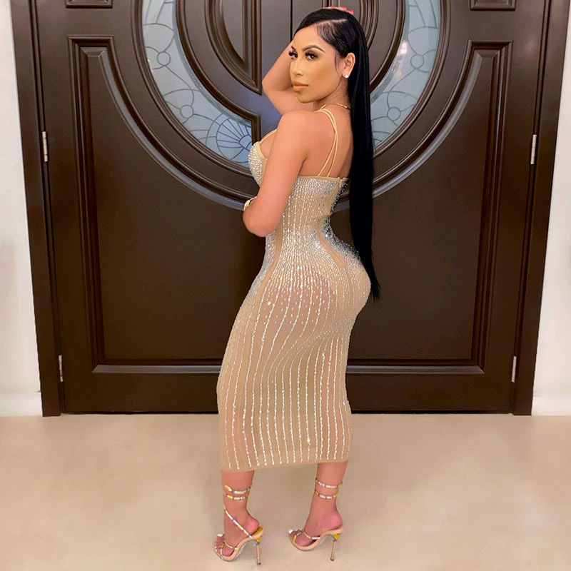 Новое сексуальное вечернее платье, облегающее бедра, сетчатое платье Amazon для ночного клуба, высококачественная юбка на подтяжках с горячими бриллиантами для женщин