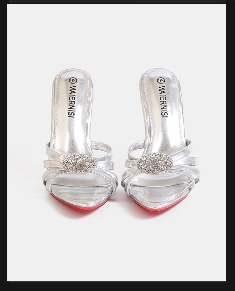 Giày sandal nữ quai mảnh đính đá pha lê trong suốt, gót nhọn siêu cao, phong cách Pháp cổ điển — Màu be, Màu bạc, Màu trắng, Màu tím chi tiết 6