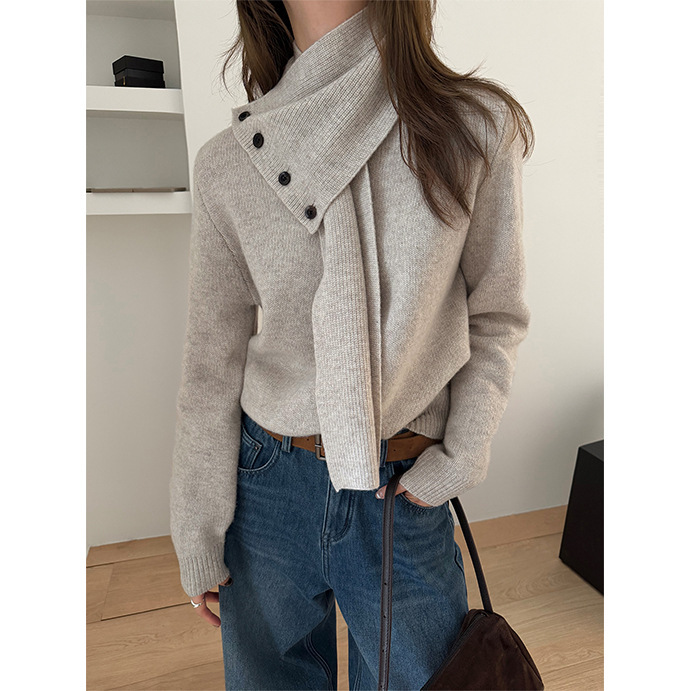 Tg Effortless Wear All Wool Buttoned Scarf Warm Knitted Sweater Women's 2025 Winter New Style 26037