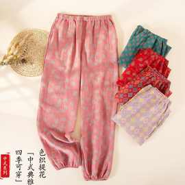 色织复古纯棉纱布睡裤四季款收口家居裤女士全棉多花色宽松版长裤