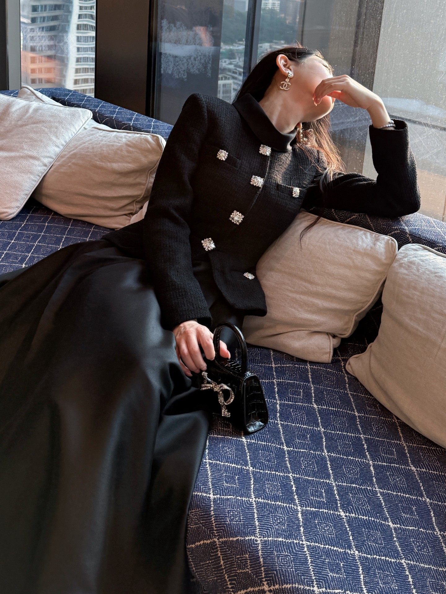 2025 Autumn Winter New Women's Black Tweed Patchwork Elegant Long Sleeve Small Stand Collar Dress Evening Gown_ecoleips.com