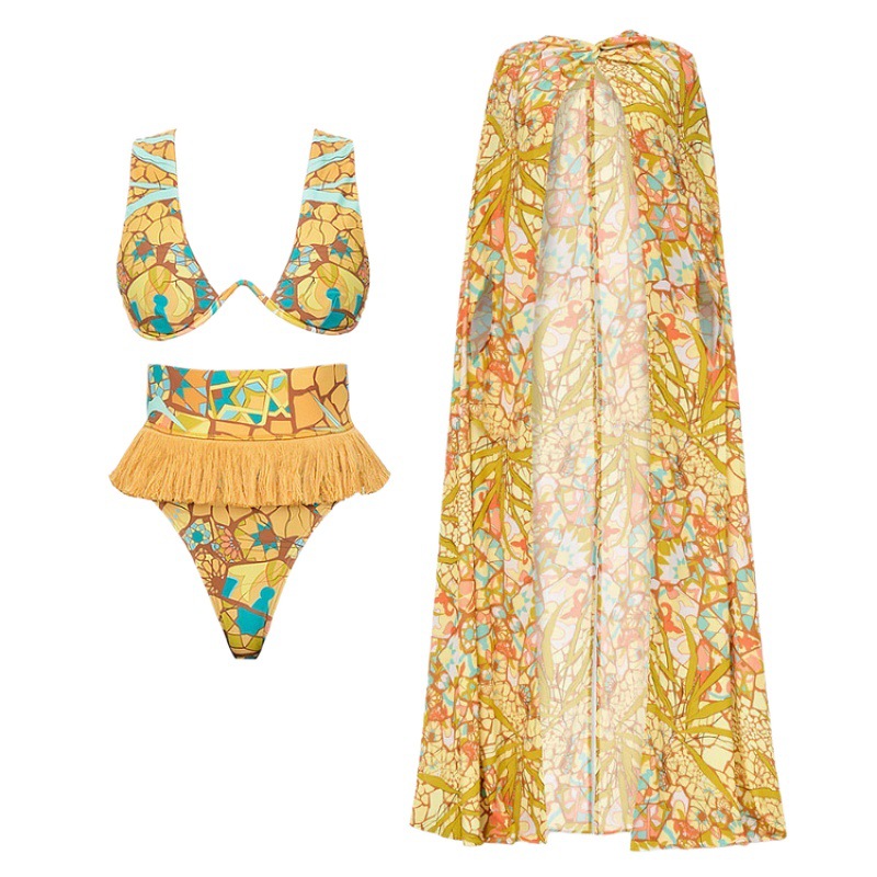 Women's Ethnic Print Bikini Set European American Style Tassel Design Cross Border Fashion Swimwear For Spring/Autumn Summer_voghion.com
