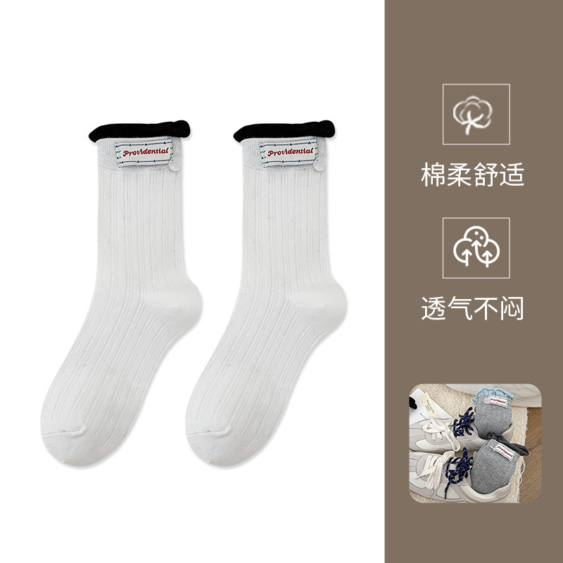 纯棉灰色袜子女初秋韩版miu系卷边中筒袜纽扣字母布标长筒堆堆袜|undefined