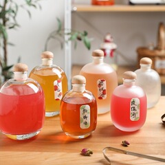 高颜値自醸造果酒分装瓶密封防漏ワインボトル円形大腹フロスト厚いガラス空瓶
