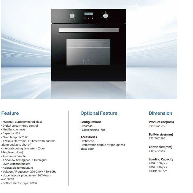 Built-in Electric Oven, 80 L Capacity, 4 Functions with Timer, All-in-One Baking Unit