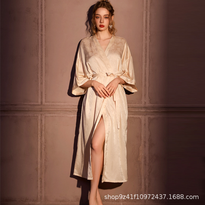 Women's Spring and Summer Ice Silk Thin Pajamas, High-End Sexy Internet Celebrity Style, Pure Desire Style, Long Jacquard Ice Silk Robe, Bathrobe Women's Spring and Summer Ice Silk Thin Pajamas, High-End Sexy Internet Celebrity Style, Pure Desire Style, Long Jacquard Ice Silk Robe, Bathrobe