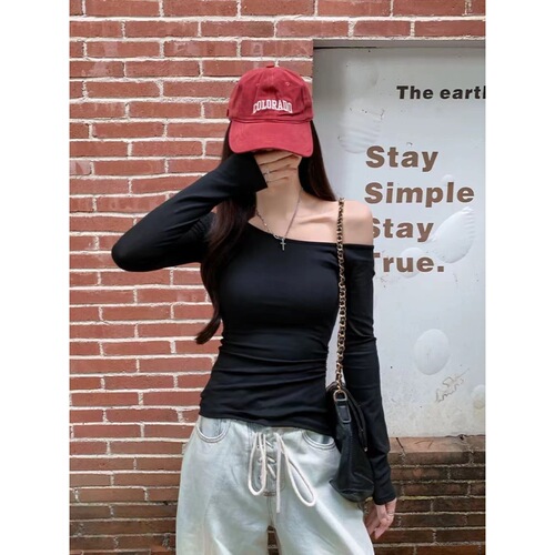 Pure Desire Seductive Slimming Off-the-Shoulder Striped One-Color Long-Sleeve T-Shirt for Women - Early Autumn Design Fashion Versatile Top