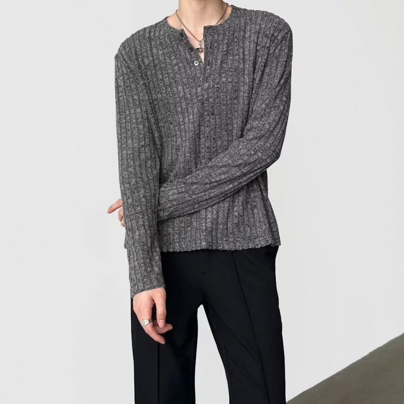 2025 New Autumn American Style Henley Collar Long-Sleeve Knit Sweater for Men, Retro High-Quality Textured Cleanfit Top