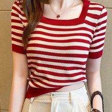 修身方领夏季新款红色条纹撞色显瘦冰丝针织衫短袖t恤女短款上衣