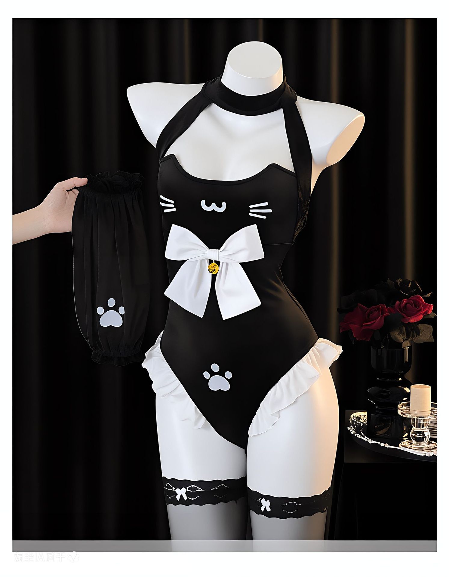 Maid Roleplay Bodysuit Lingerie Set with Headpiece, Black Polyester, One Size — detail image 11