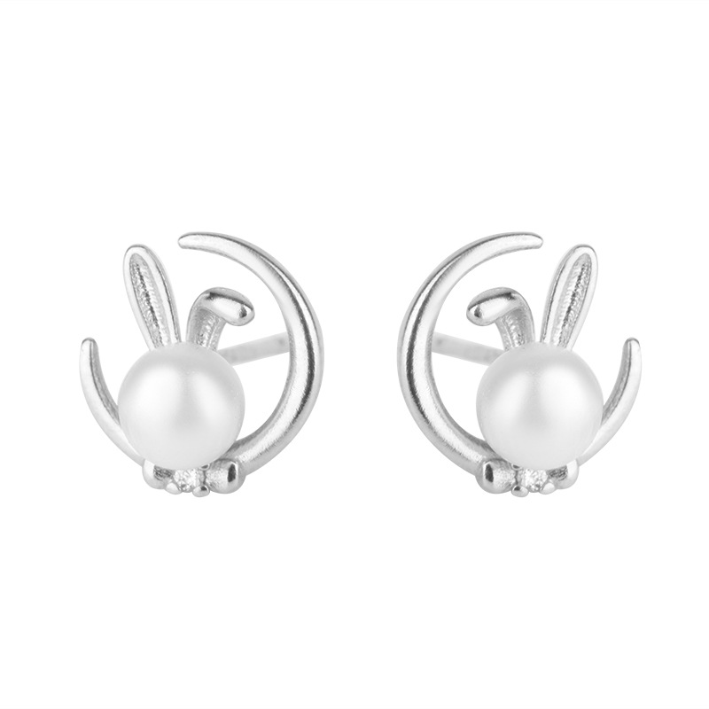 Fashion Bunny Ears Moon Copper Inlay Artificial Pearls Ear Studs 1 Pair
