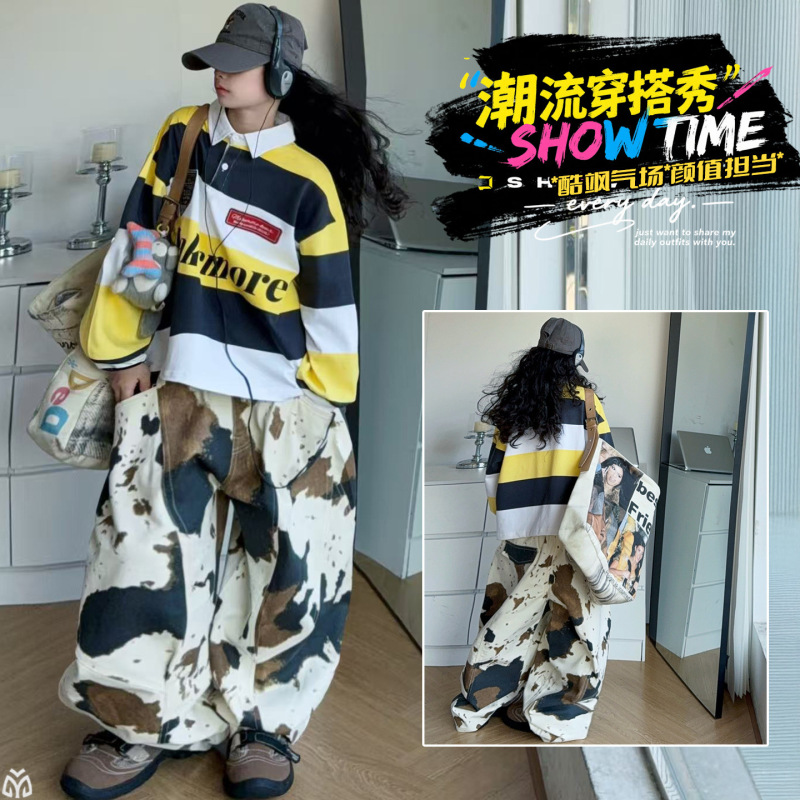 女童秋季潮酷套装2025新款个性迷彩阔腿裤宽条纹长袖Polo衫两件套|undefined