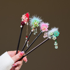 小仙女氣質水貂毛髮簪古風漢服旗袍盤發髮釵中式流蘇步搖禾木髮飾