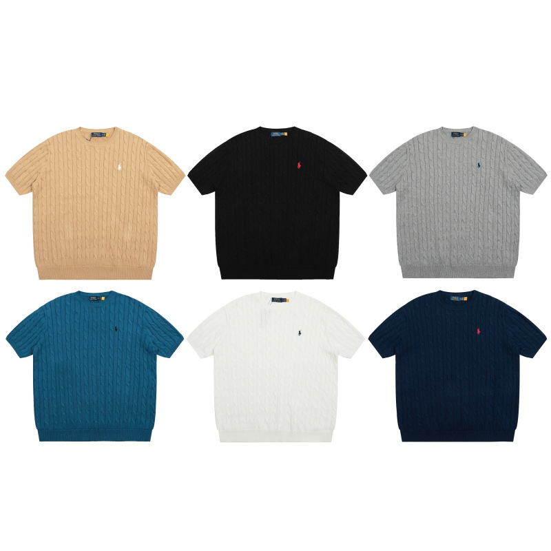 [High Quality] Scan the Qr Code ~ Love Rl Men's Round Neck Pure Color Pony Embroidered Logo Knitted Sweater Short Sleeves