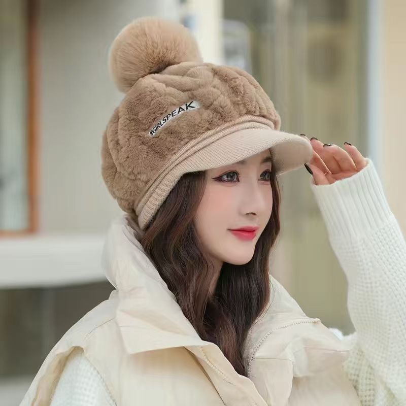 秋冬新款帽子女护耳时尚百搭冬季毛球防寒帽兔毛保暖加绒鸭舌帽|undefined