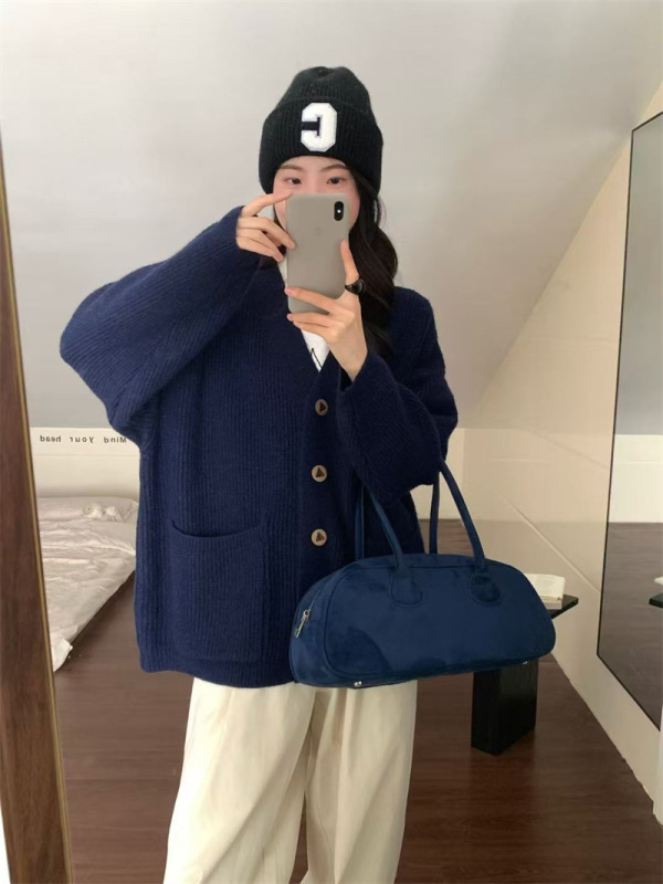 韩系秋冬新款休闲学院风针织衫女纯色宽松简约慵懒风开衫毛衣外套|undefined