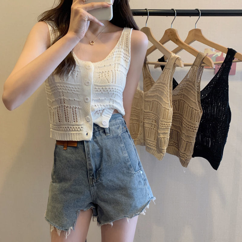 Hollow Sleeveless Camisole Women's 2025 Summer New Korean Style Versatile Slimming Outer Knitted Cardigan Top Hollow Sleeveless Camisole Women's 2025 Summer New Korean Style Versatile Slimming Outer Knitted Cardigan Top