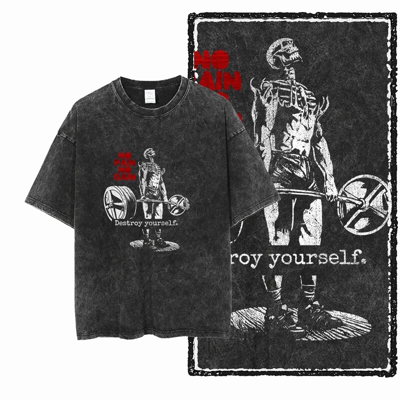 Yg Fitness Printed Cotton Acid Wash Graphic Unisex T-Shirt Cool Crossfit Streetwear Men's T-Shirt Large Size