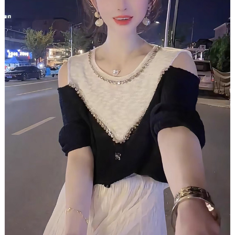 早秋独特超好看重工钉珠撞色设计感宽松百搭露肩长袖针织衫毛衣女|undefined