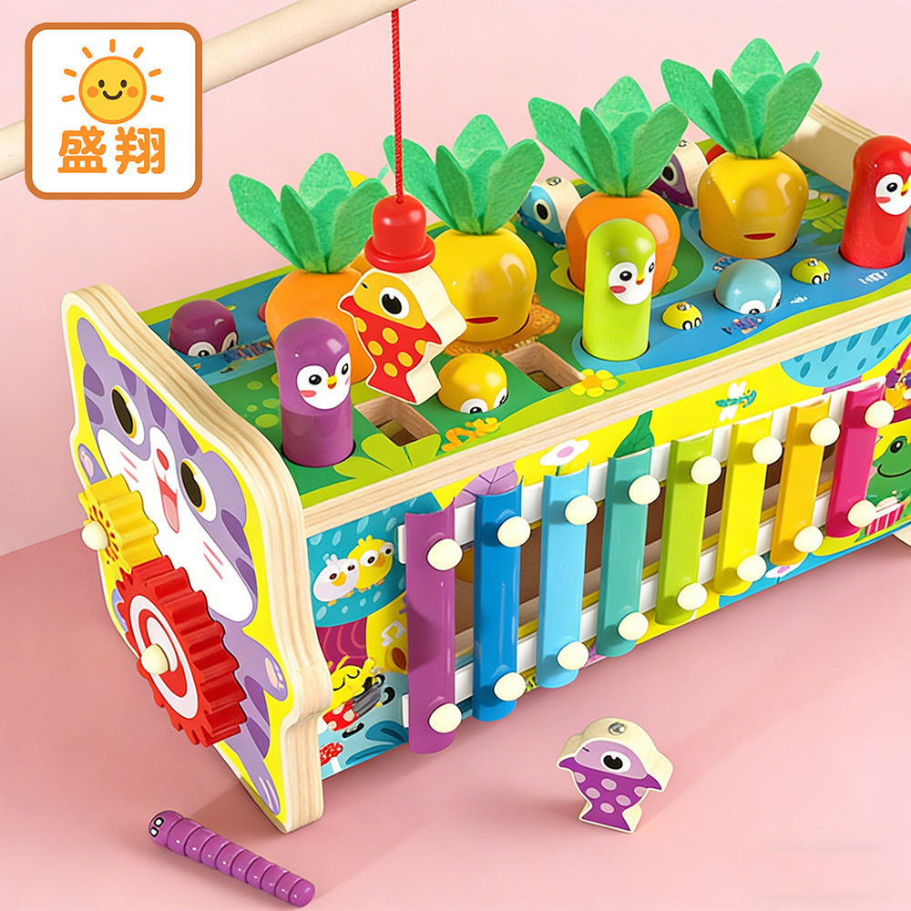 This multi-functional wooden toy car for children aged 1-3 years is an 8-in-1 educational toy combining whack-a-mole and carrot-pulling.