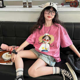女童圆领扎染上衣夏新款中大童T恤儿童短袖宝宝洋气印花薄款短袖