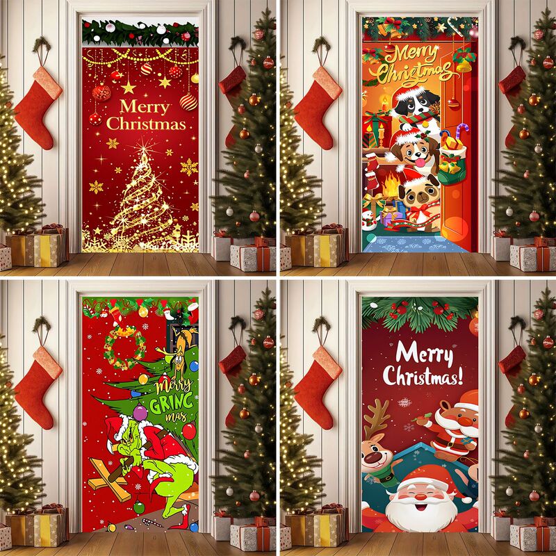 Christmas door curtain with cartoon puppy and Christmas tree design, polyester door cover, Amazon holiday door cloth