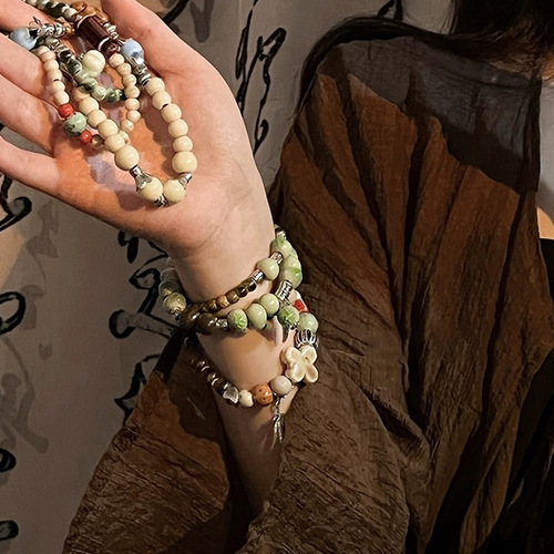 White Tea Qing Huan~Ethnic Style Ceramic Hand Bead Bracelet Women's New Chinese Style Ancient Style Niche Design Couple Accessories