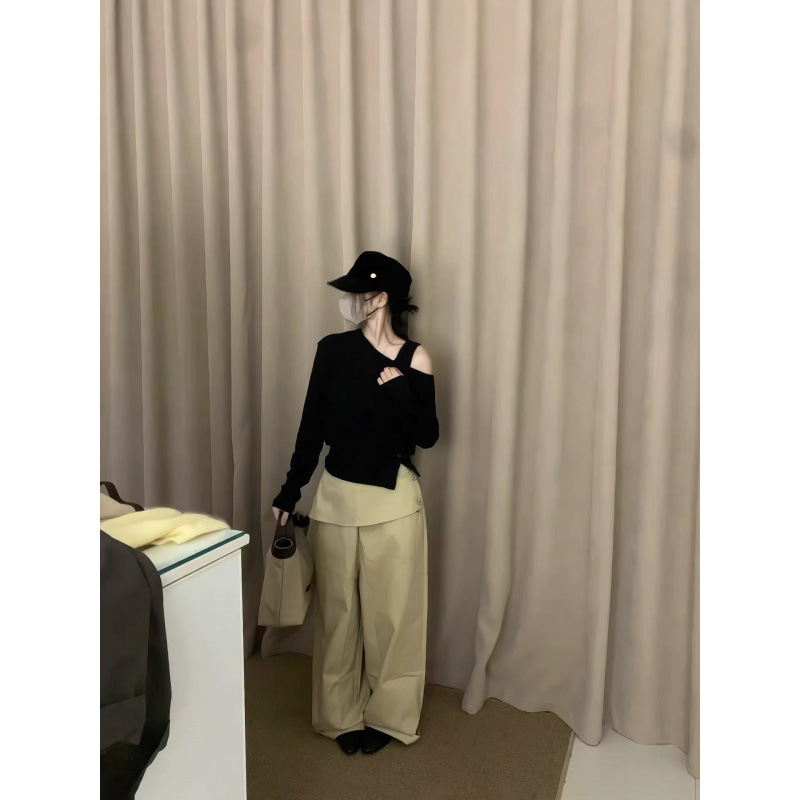 韩系假两件简约气质高级设计感感休闲裤百搭宽松显瘦时尚阔腿裤秋|undefined