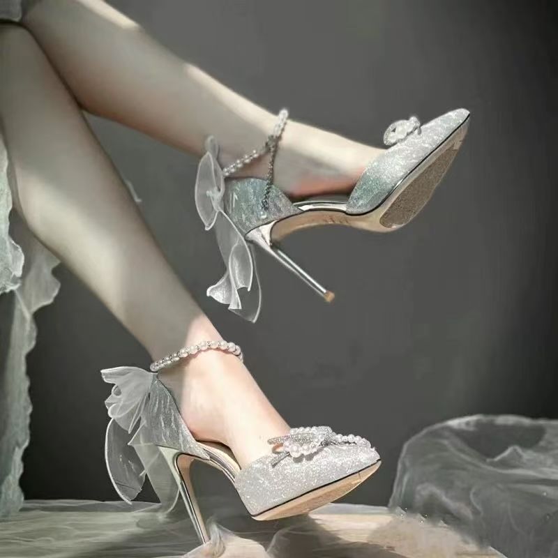 Silver High Heels for Women 2025 New Bow Crystal Shoes Wedding Shoes Stiletto Pointed Toe Fairy Style Lady High-End Sense Silver High Heels for Women 2025 New Bow Crystal Shoes Wedding Shoes Stiletto Pointed Toe Fairy Style Lady High-End Sense