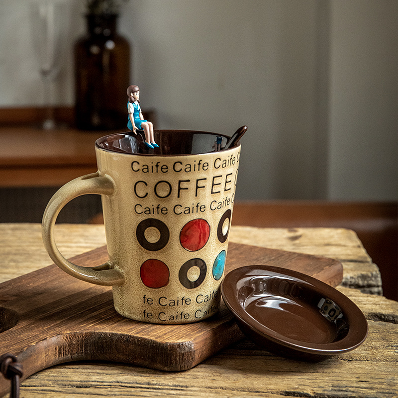 Vintage dibujado a mano latte capuchino taza con tapa cuchara exportación taza de cerámica taza de café taza transfronteriza