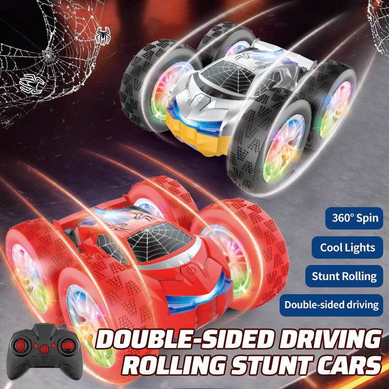 Cross-Border Amazon Remote Control Car Four-Wheel Drive Stunt Car High-Speed Rotating Double-Sided Lighting Crash-Resistant Spider-Man Toy