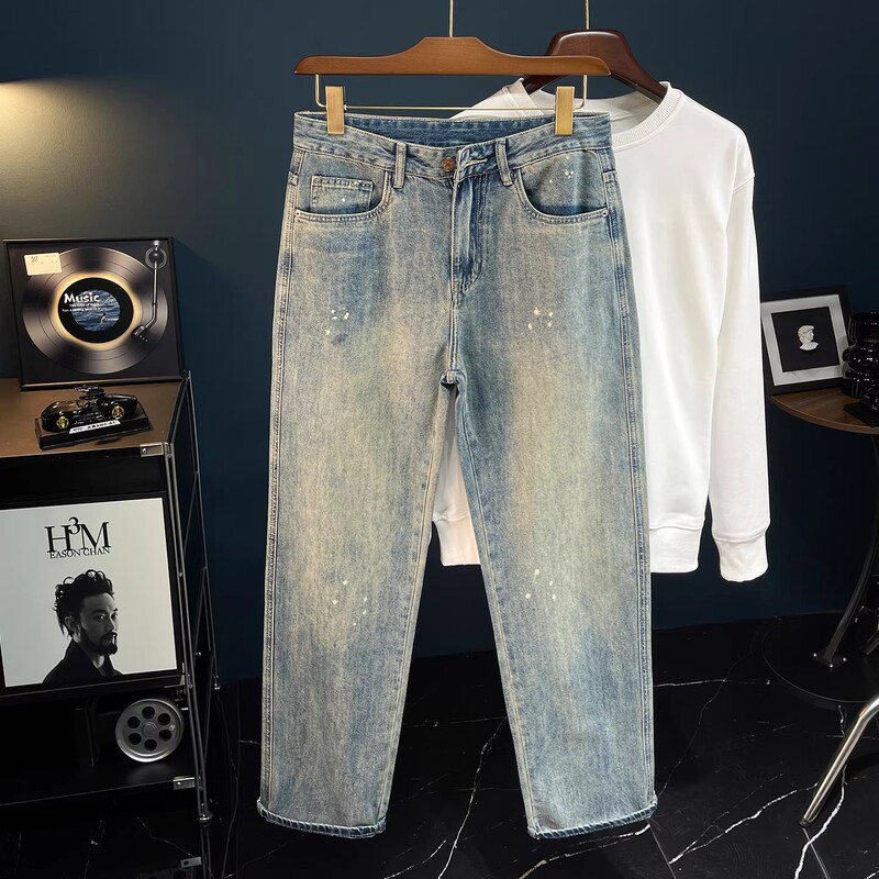 American Retro Splatter-Ink Jeans for Men, Spring and Autumn Trendy Brand Warm Straight-Leg Pants, Washed Casual Trousers American Retro Splatter-Ink Jeans for Men, Spring and Autumn Trendy Brand Warm Straight-Leg Pants, Washed Casual Trousers