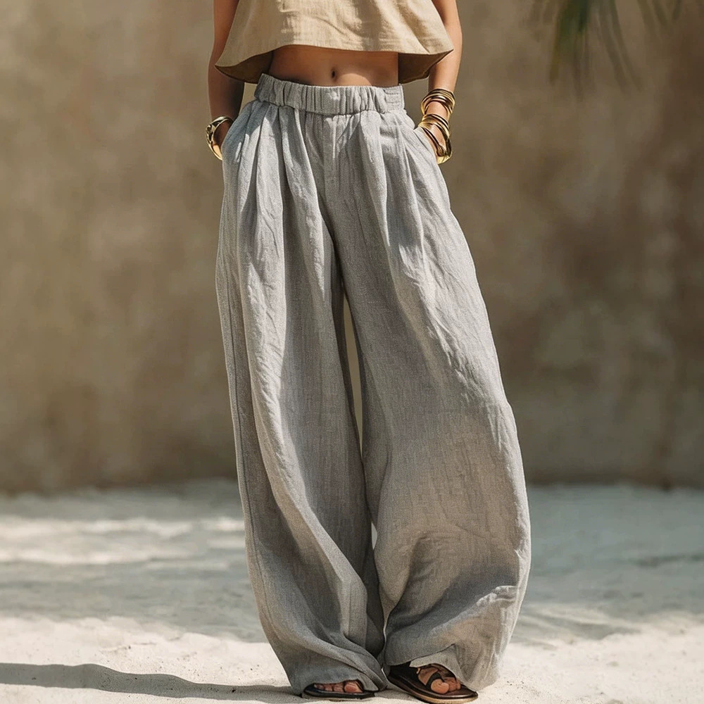 Women's Linen-Like Wide-Leg Pants With Elastic Waist - Comfortable Casual Pull-On Trousers For Summer_ecoleips.com