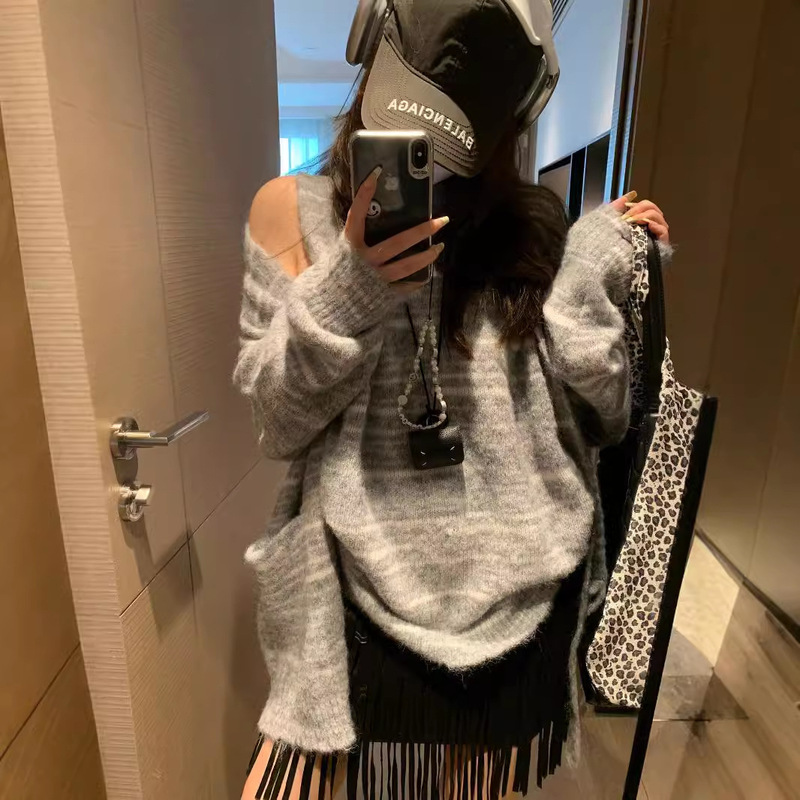 Lazy Striped Sweater Two-piece Loose Cardigan Jacket Autumn and Winter New Korean G971