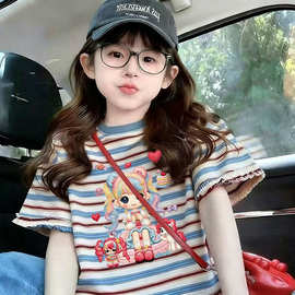 女童夏装纯棉条纹短袖T恤2026夏季新款洋气儿童圆领百搭半袖上衣