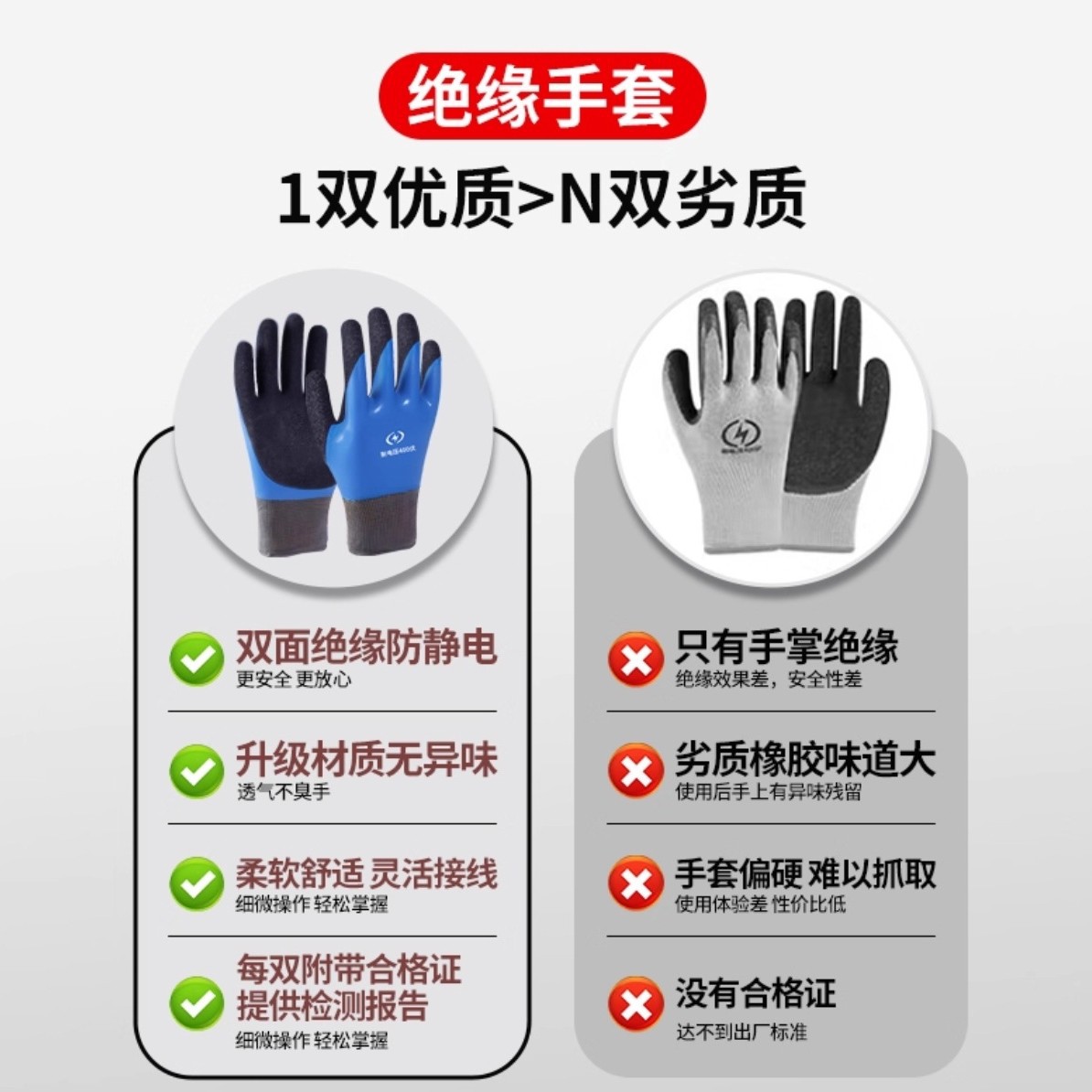 恒聚1000v绝缘手套电工双面防电绝缘耐磨防触电高压低压防滑透气