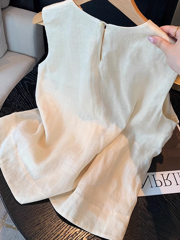 花の刺繍の亜麻の袖なしの丸首のベストの女性の夏の新型のデザイン感の小さい大衆の復古の怠惰な気質の薄い上着|undefined